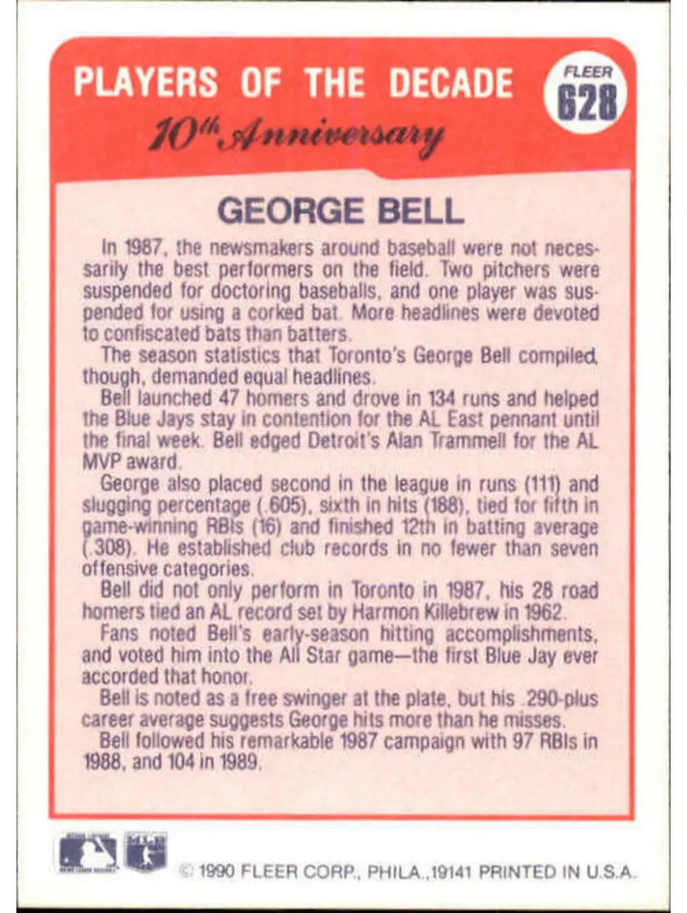 1990 George Bell Fleer Baseball Card #628